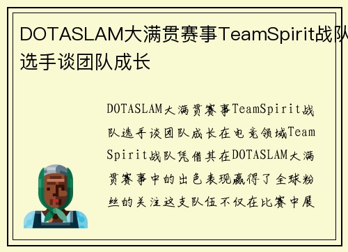DOTASLAM大满贯赛事TeamSpirit战队选手谈团队成长