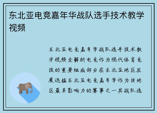 东北亚电竞嘉年华战队选手技术教学视频