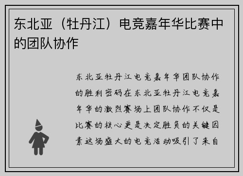 东北亚（牡丹江）电竞嘉年华比赛中的团队协作